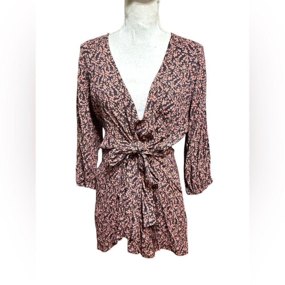 Free People Clara Floral Tie-Waist Tunic Top in Black/Red Floral Ditsy Print M